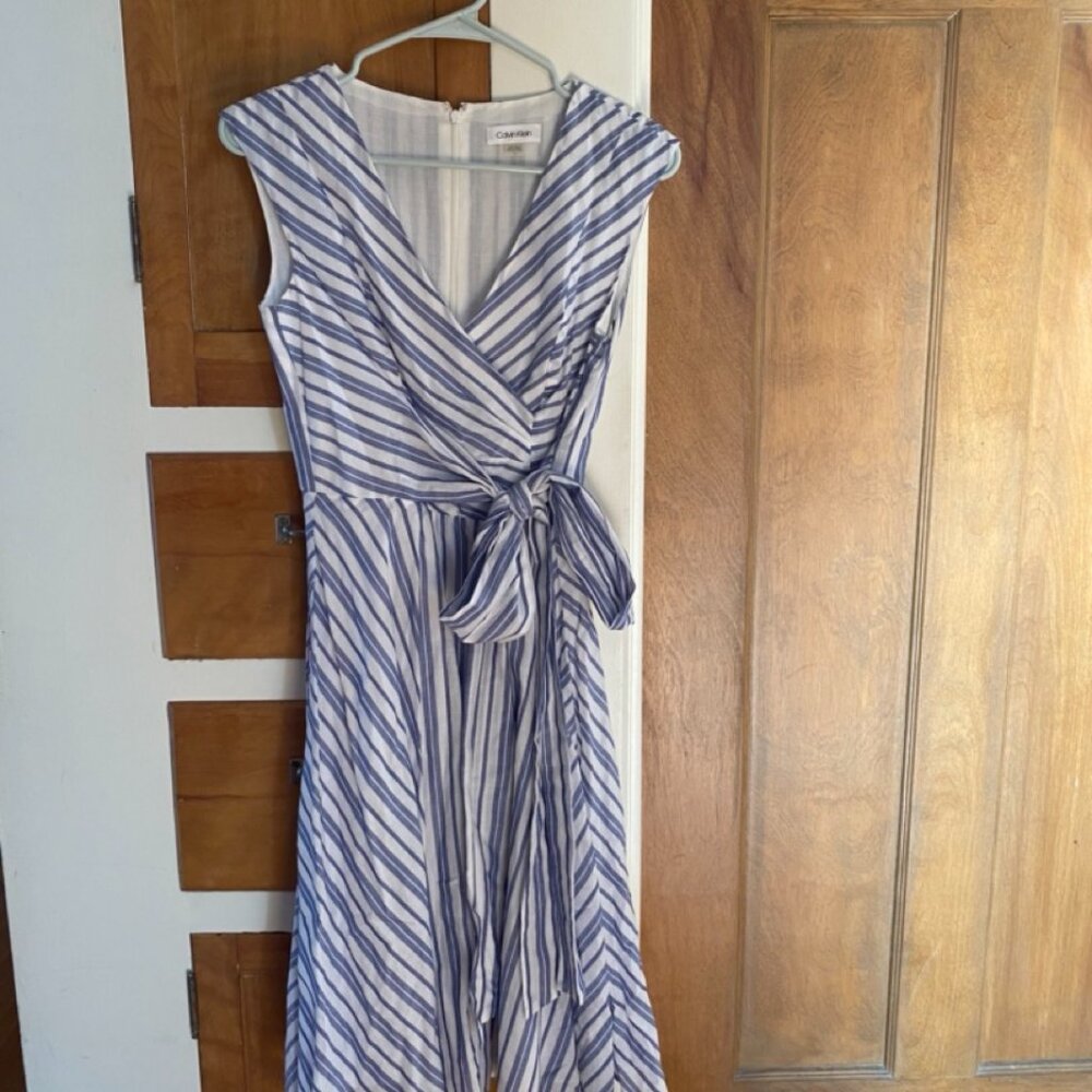 Calvin Klein Summery Blue and White Striped Faux-Wrap Dress - Picture 2 of 4